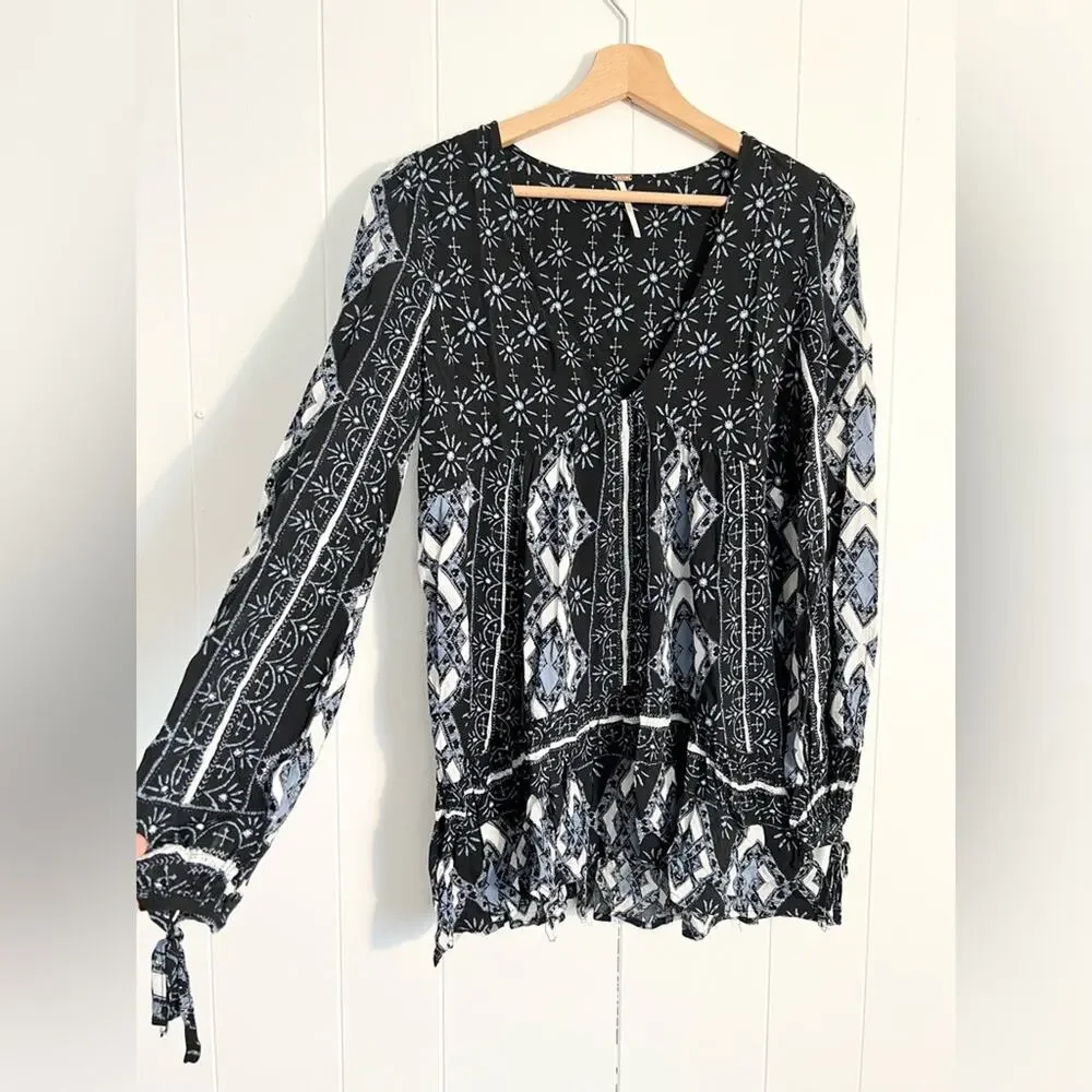 Free people down by the bay black tunic top printed boho coastal cowgirl